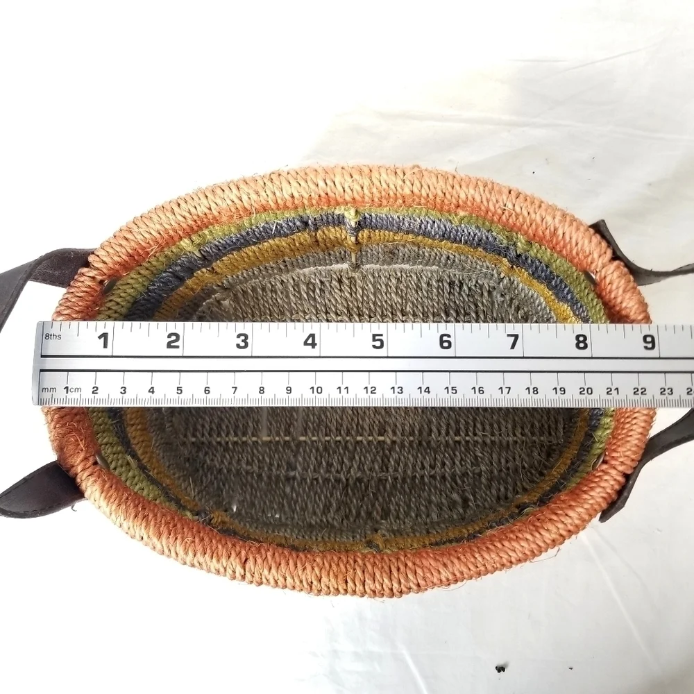 Unique Beautiful Earth Tone Multicolored Wooven Jute Basket with Leather Handles